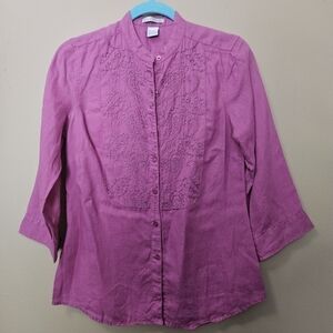 Tweeds Women's Size S 100% Linen Embroided Shirt Magenta Pink